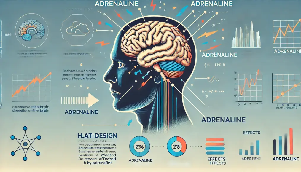 アドレナリンの分泌を示すイラスト。人間のシルエットと脳の断面図が描かれている