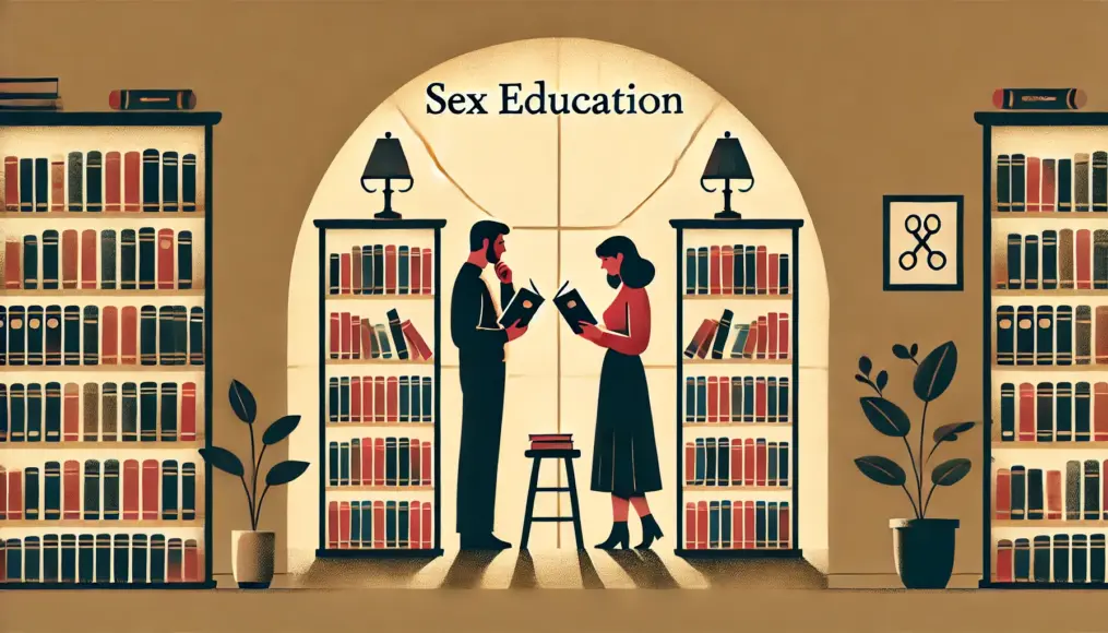 A quiet corner of a library where a man and woman are browsing books on sex education, symbolizing the importance of knowledge for adults