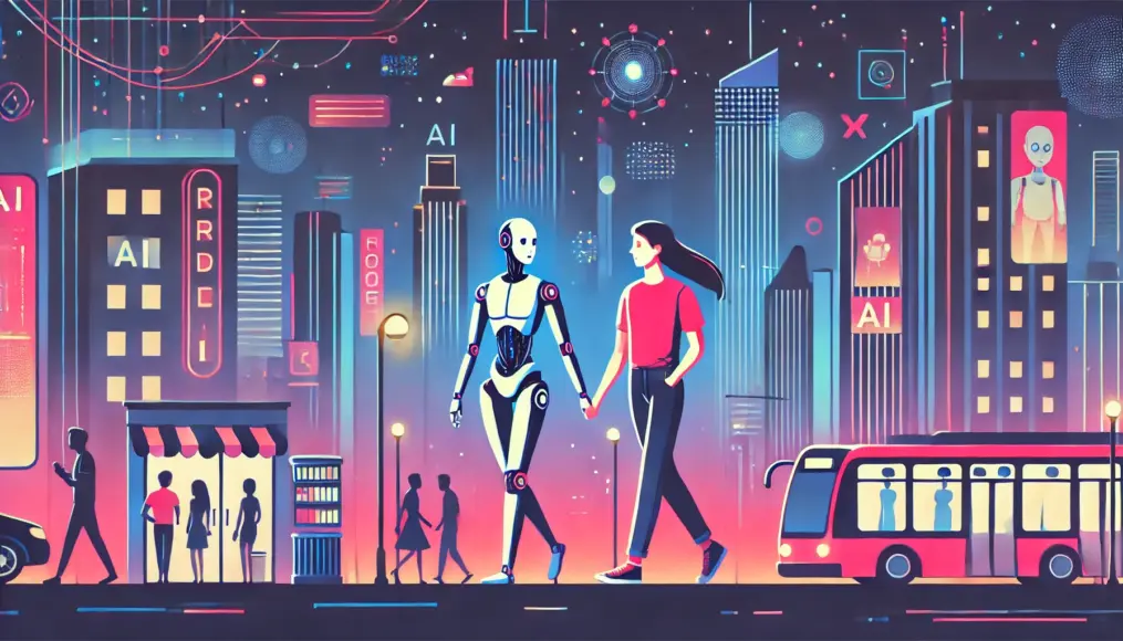 A futuristic city where an AI and a human walk together, sharing a close and intimate moment in a near-future romantic setting