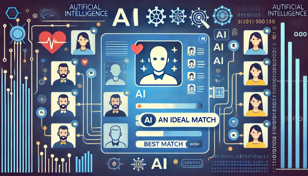 Scene of AI analyzing data to find the ideal match. The screen displays multiple profiles, and AI is selecting the best match