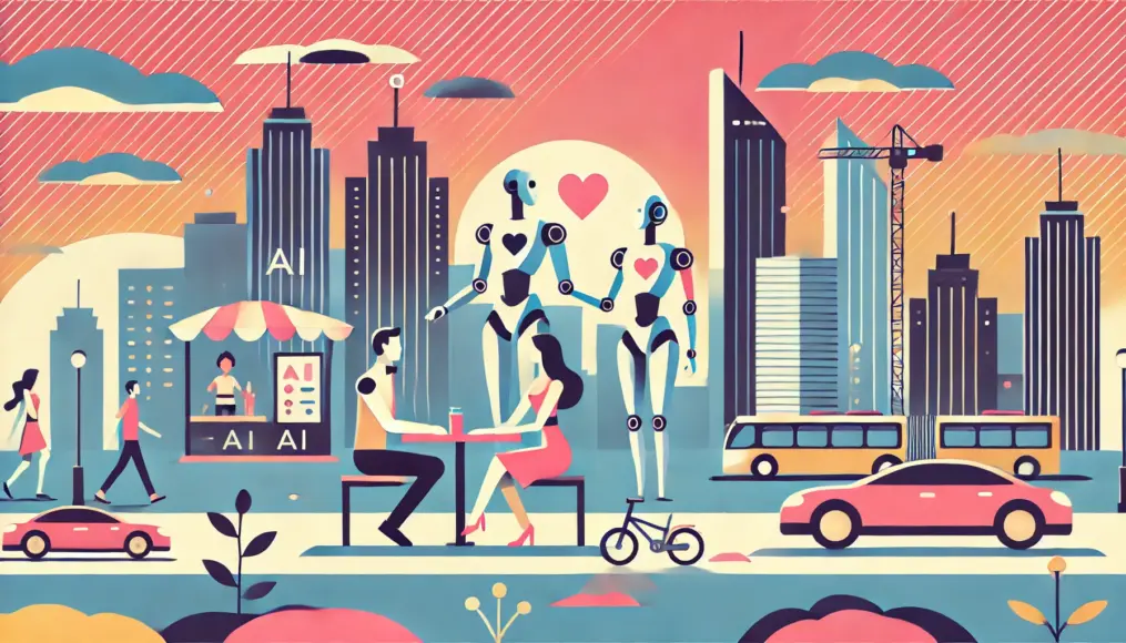 A futuristic city where humans and AI partners are casually enjoying a date