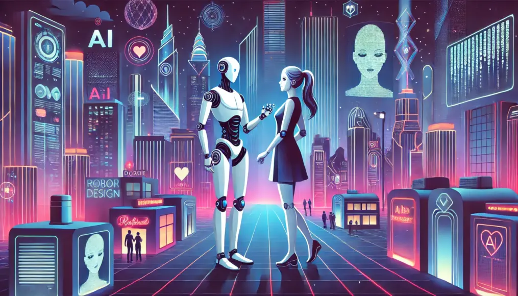 A futuristic scene in a high-tech city where a human is on a date with a humanoid AI robot