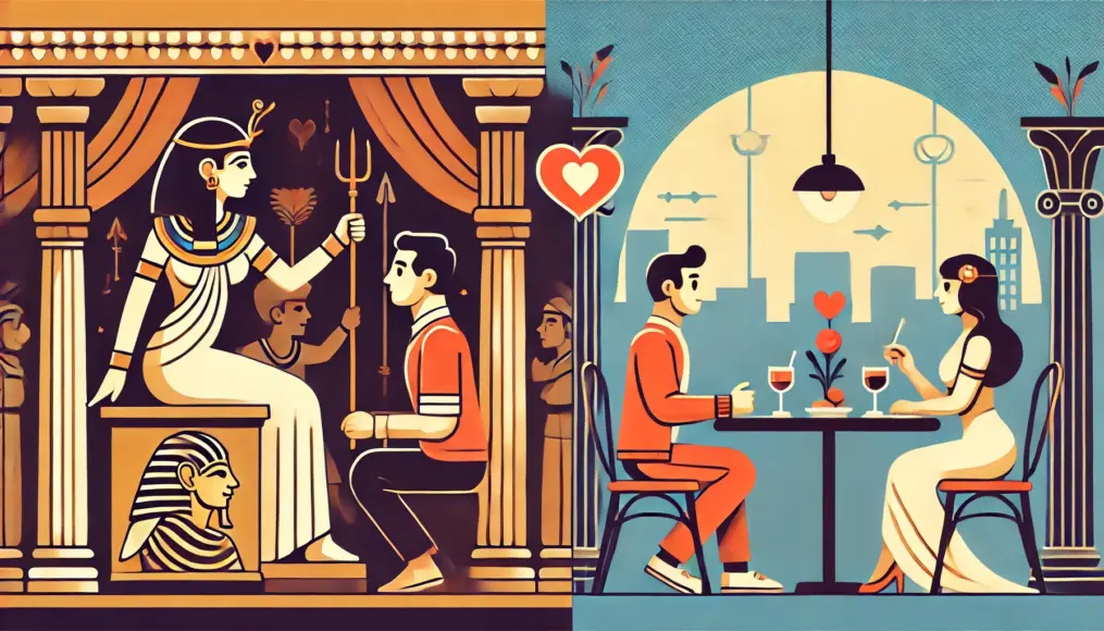 An illustration comparing an ancient royal courtship to a modern dating scene, highlighting timeless aspects of romance