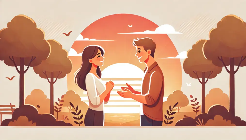 A couple facing each other in a park at sunset, smiling warmly as they express gratitude to each other