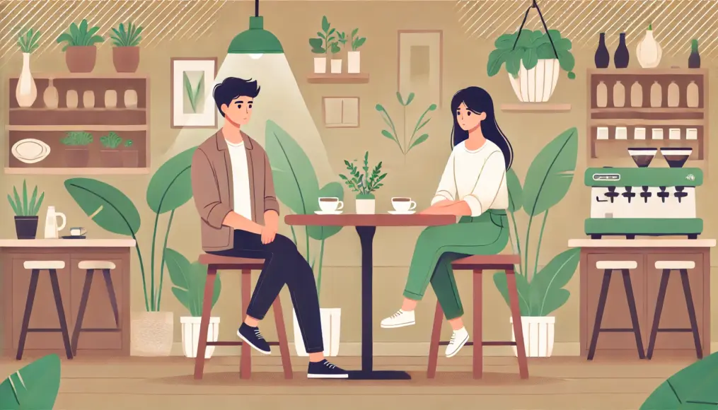 A young asexual man and woman sitting in a calm café, quietly contemplating. The background features a wooden table and green plants, creating a relaxed atmosphere