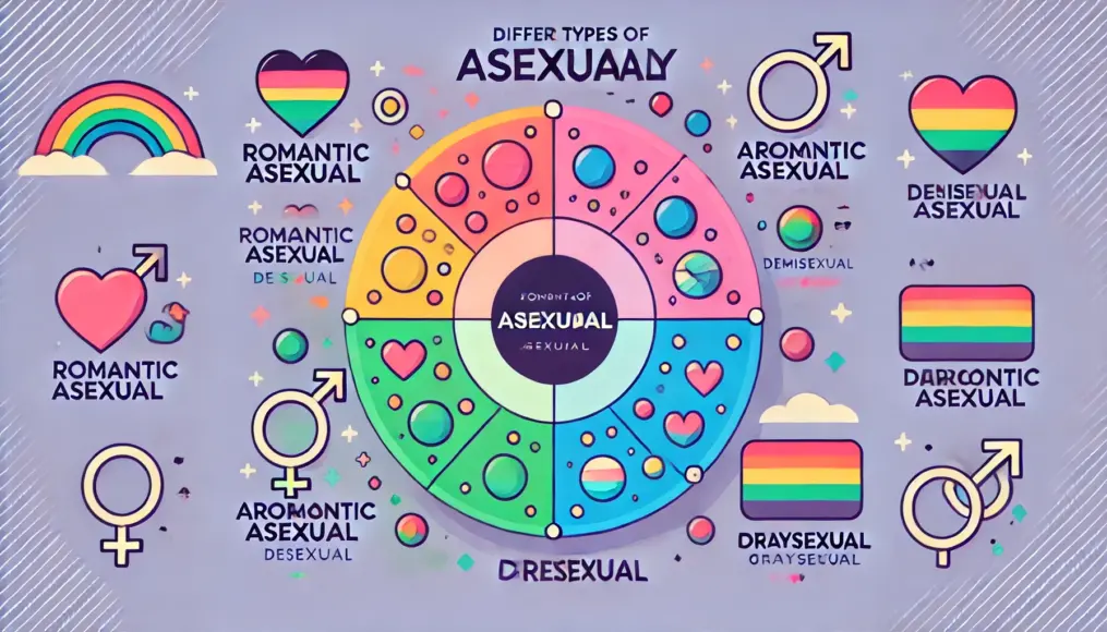 A colorful chart displaying different types of asexuality. The categories Romantic Asexual, Aromantic Asexual, Demisexual, and Graysexual are visually organized for clarity