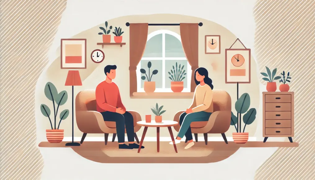 A couple having a calm conversation in the living room. They gaze at each other, cherishing their emotional connection. The room exudes a warm and peaceful atmosphere