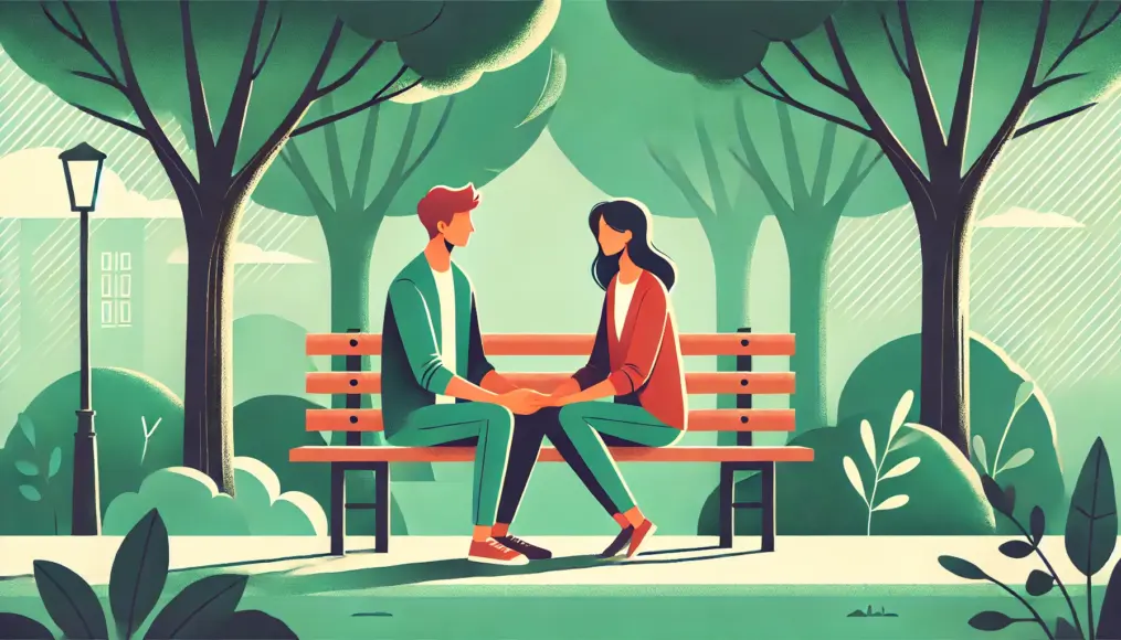 A couple sitting on a bench in a park. They are holding hands with calm expressions, confirming each other's feelings. The background is filled with lush trees, and they are sharing a warm, quiet time together.