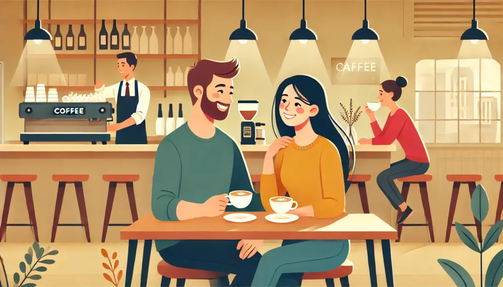 A couple sitting across from each other at a café, smiling warmly. A coffee cup rests on the table as they relax and share their thoughts in a comfortable atmosphere