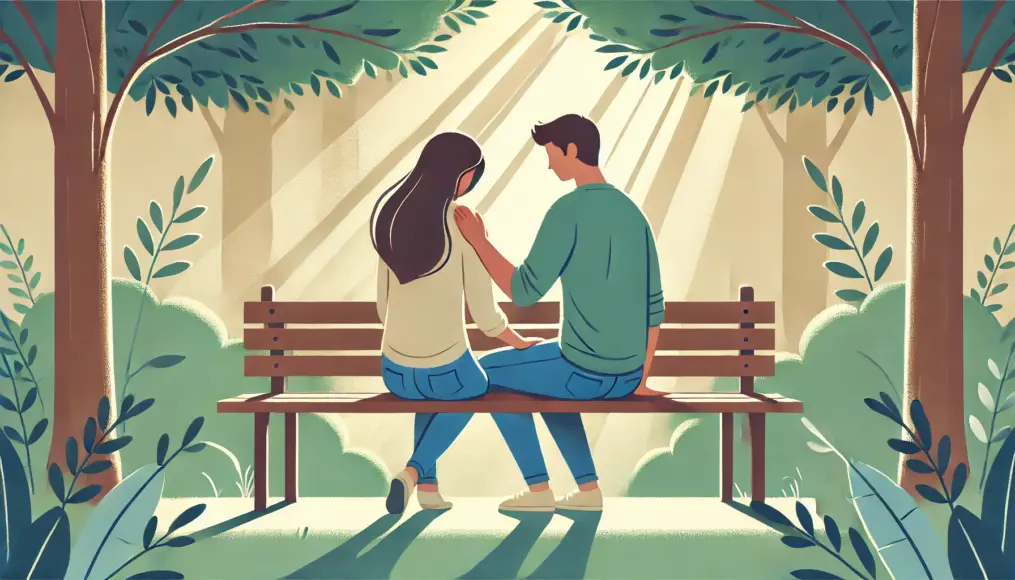 A couple standing in a park at dusk, with one gently placing their hand on the other’s back. Through this simple gesture, they offer comfort and closeness