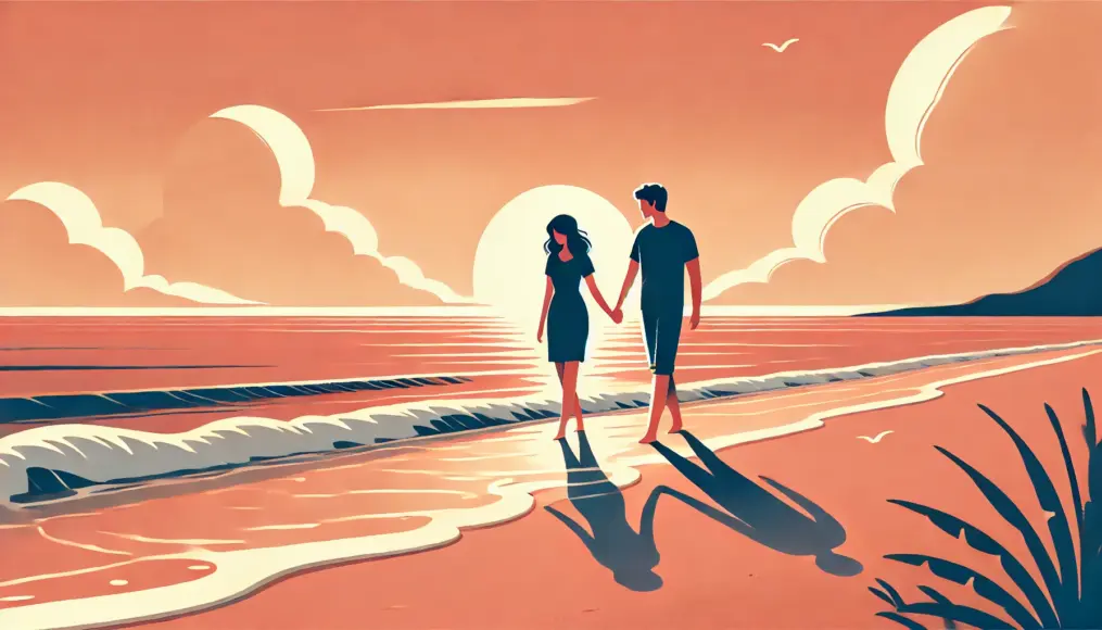 A couple standing on a beach at sunset, holding hands as they take in the view, cherishing the warmth of each other's presence