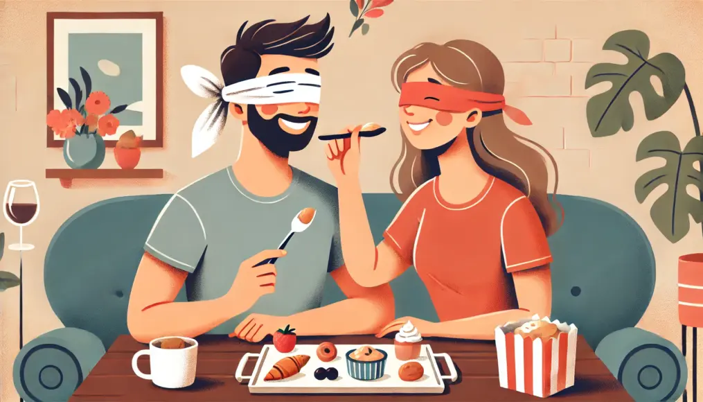 A couple blindfolded and having fun tasting different foods