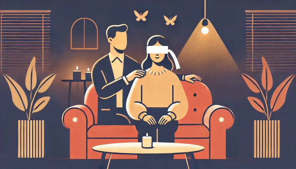 Silhouette of a woman sitting on a sofa with a blindfold on, being gently guided by a man. She looks a little nervous but is enjoying the experience. The background features warm ambient lighting.