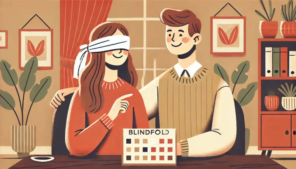 A couple selecting a blindfold together, smiling and having a lighthearted discussion. The atmosphere is relaxed and fun.