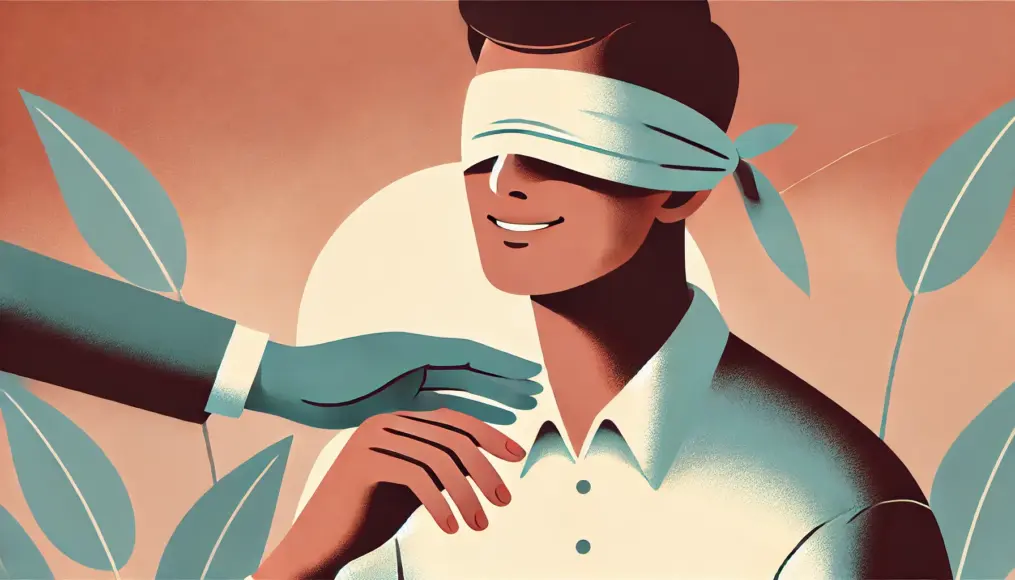 A blindfolded person smiling as they gently feel their partner’s hands. The atmosphere is calm and warm, conveying a sense of trust and connection.