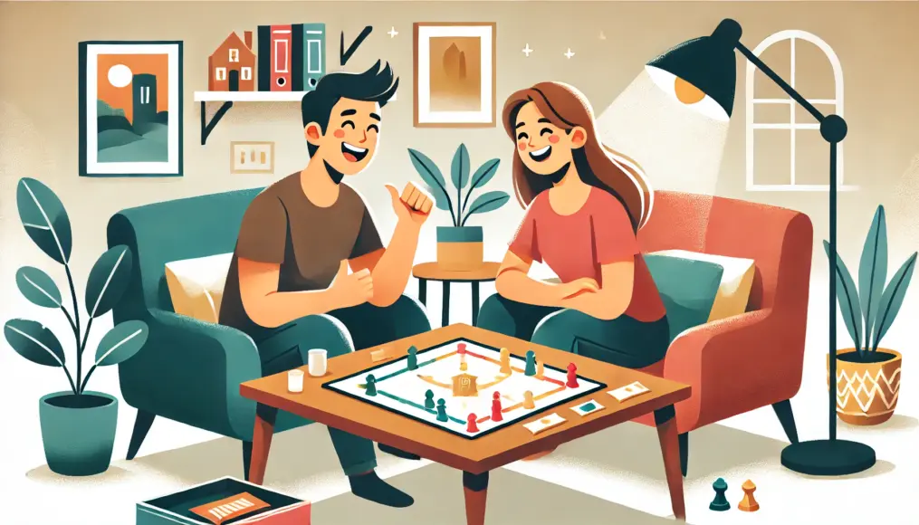 A couple playing a board game at their living room table, smiling and enjoying a playful moment together