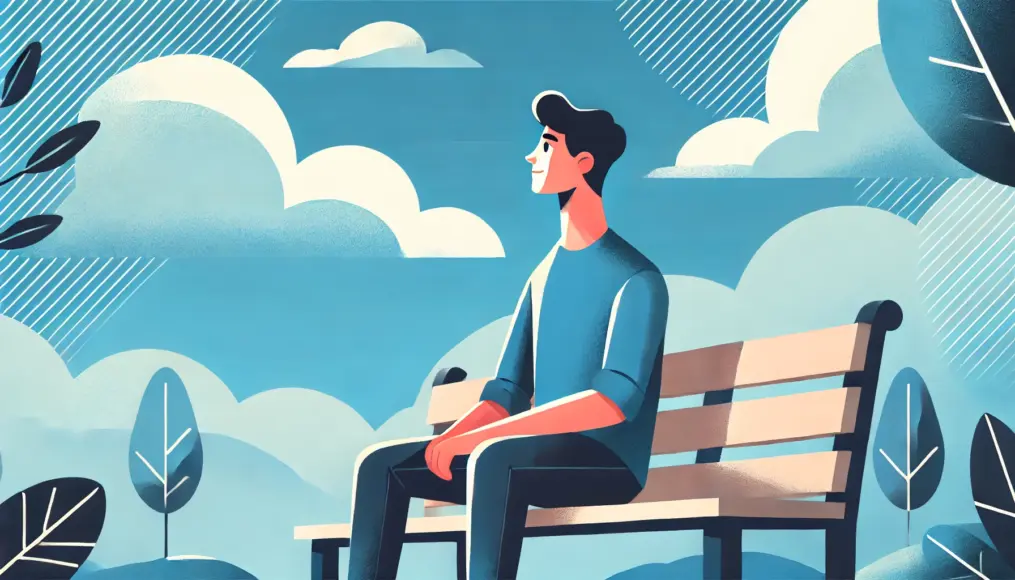 A young person sitting relaxed on a park bench under the blue sky, looking forward with a confident expression