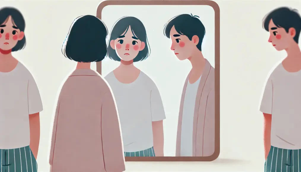 A person standing in front of a mirror, concerned about their body. Their expression shows a mix of hesitation and anxiety, but at the same time, a determination to face themselves