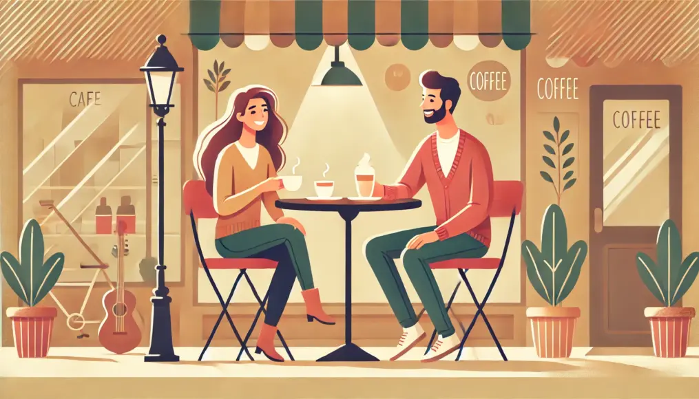 A couple chatting happily at a terrace café, deepening their understanding of each other