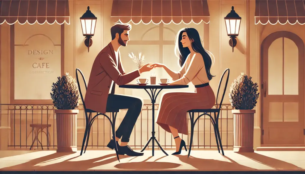 A couple gently placing their hands together at a cozy café, sharing a warm moment under soft lighting, smiling affectionately at each other