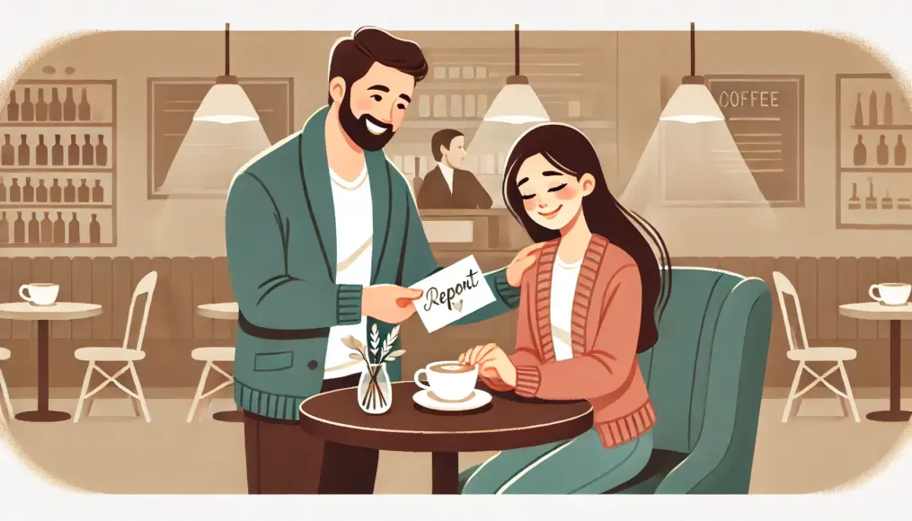 A couple sitting across from each other at a café. The man has placed a hidden message card under the woman's coffee cup, and she is smiling as she discovers it