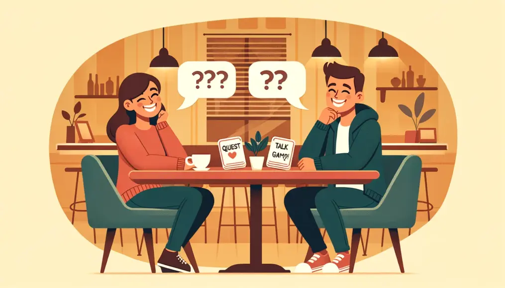 A couple sitting across from each other at a café, laughing and talking. Question cards on the table suggest they are playing a fun talk game.