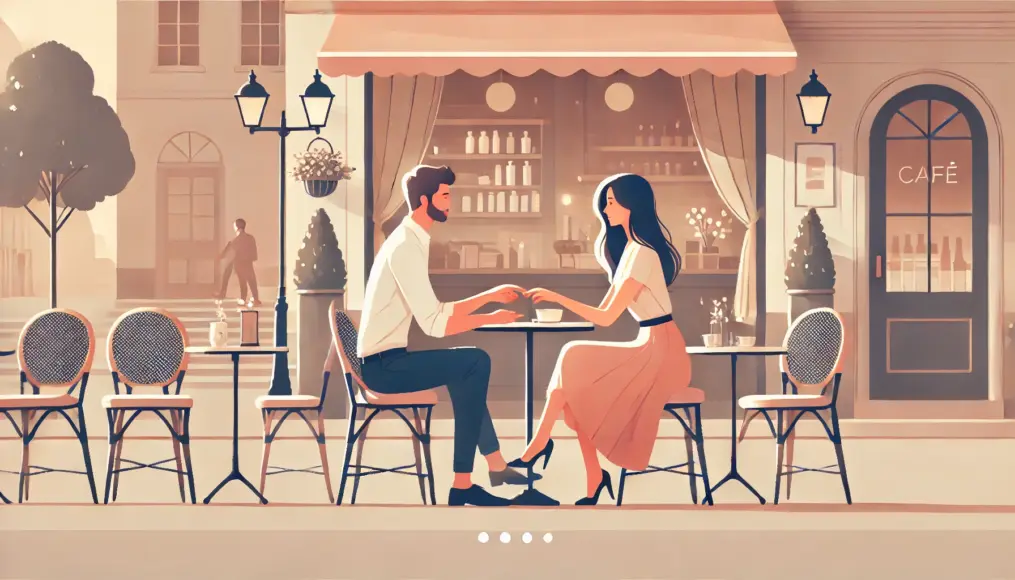 A couple sitting at a stylish café terrace, gently placing their hands on top of each other while engaging in a warm conversation. Their eyes meet, creating a relaxed and intimate atmosphere