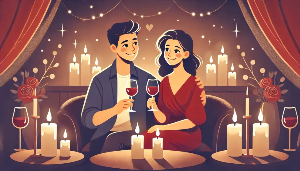 A couple sitting by candlelight in a cozy setting, holding wine glasses and enjoying a warm atmosphere