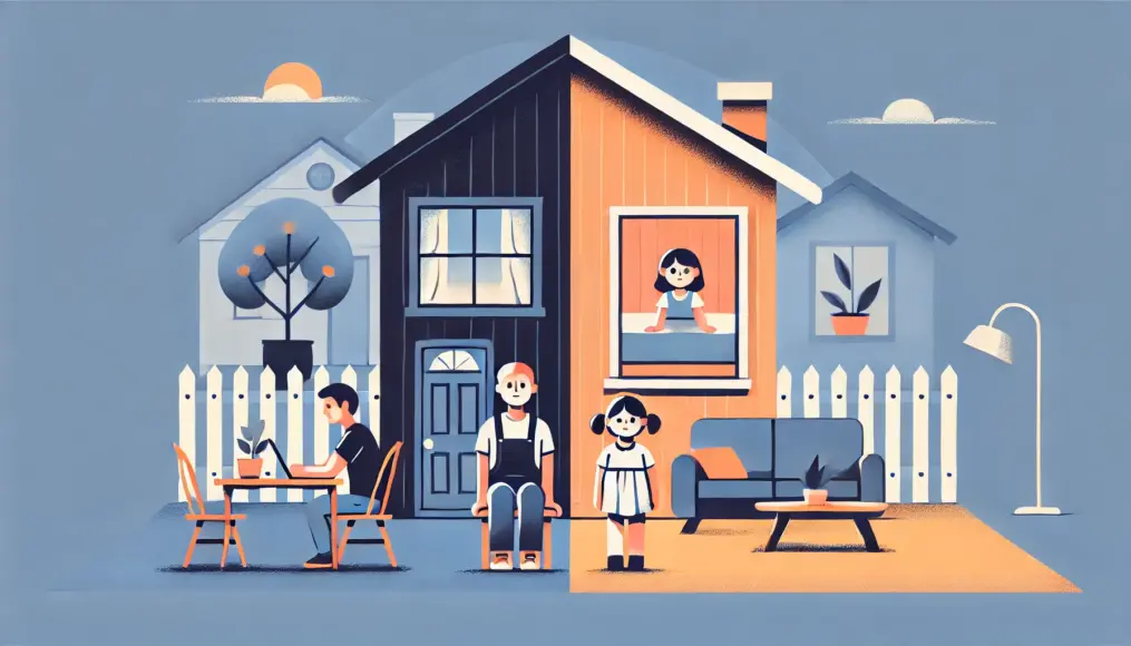 An illustration of childhood memories, depicting the contrast between a strict household and a more open upbringing, influencing perspectives on sexuality.