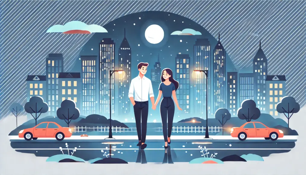 A couple holding hands and smiling against the backdrop of city lights