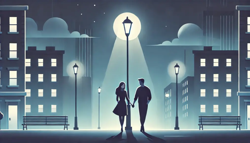 A couple walking under streetlights, holding hands as they take a nighttime stroll, sharing a peaceful moment together