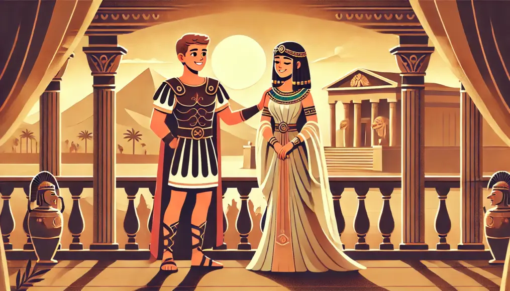 Cleopatra and Mark Antony standing together on a palace balcony, gazing into the distance with affectionate smiles