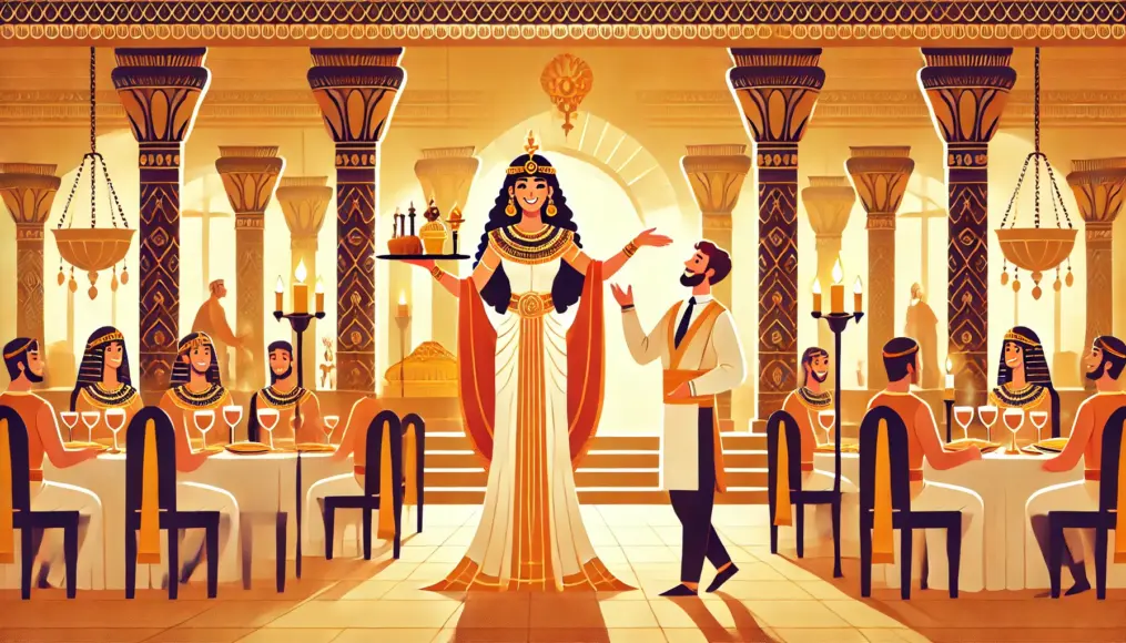 Cleopatra welcoming Mark Antony with a lavish banquet, smiling as she greets him warmly