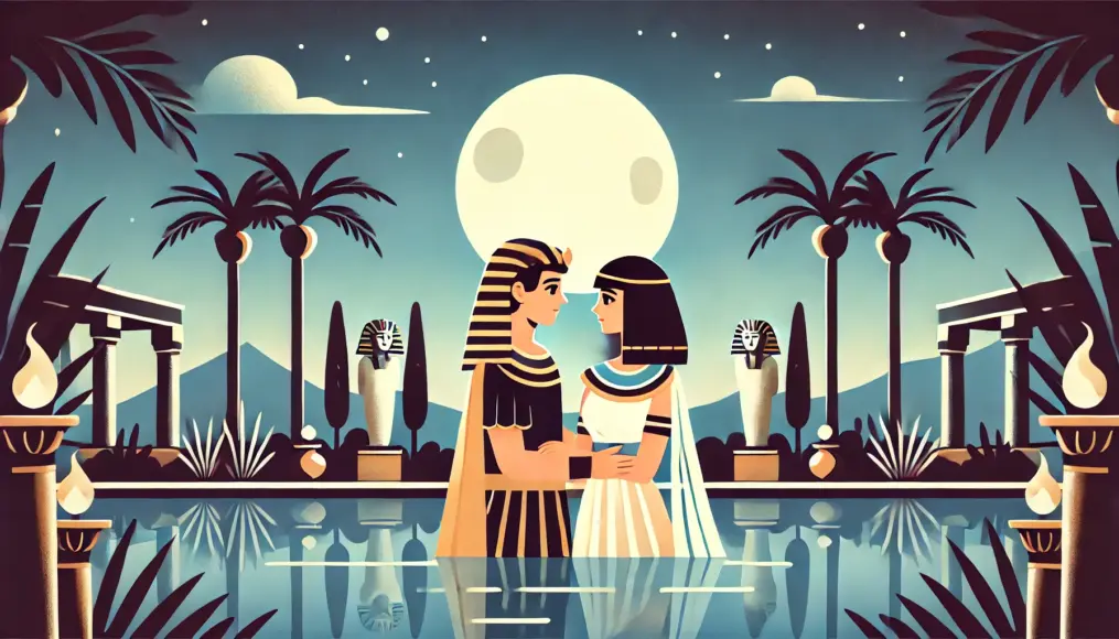 Cleopatra and Mark Antony embracing under the moonlight, whispering promises of eternal love