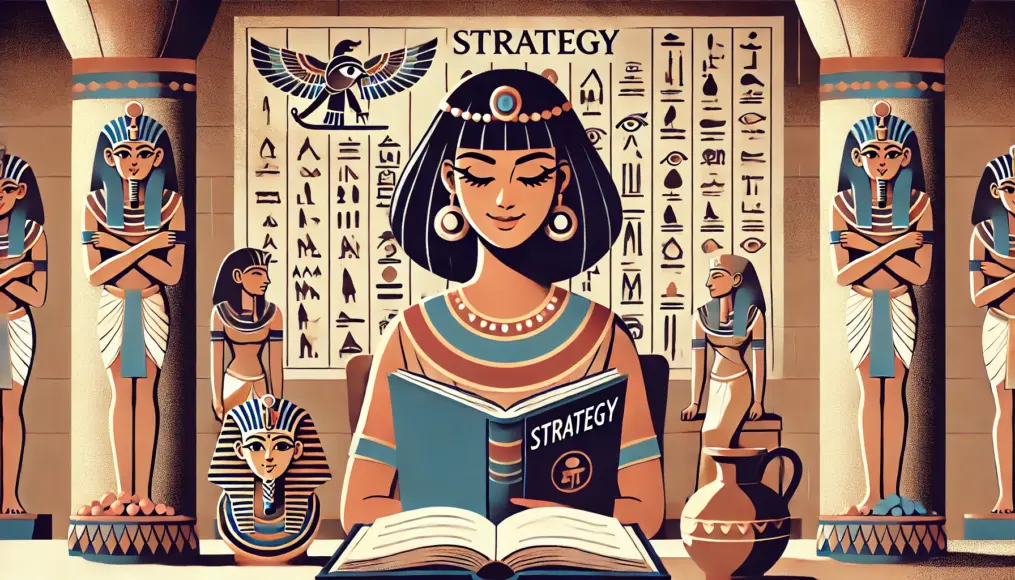 Cleopatra reading ancient texts on strategy, a serene smile on her lips, as Egyptian artifacts surround her