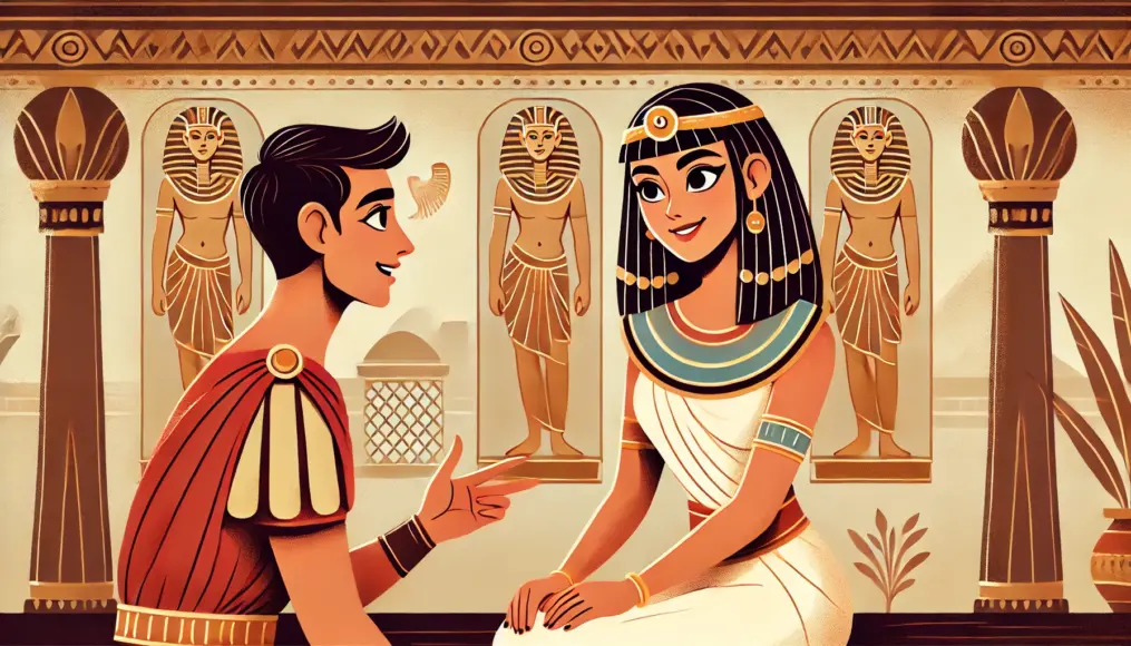 Cleopatra engaging Caesar in a charming conversation, smiling as she captivates him with her wit