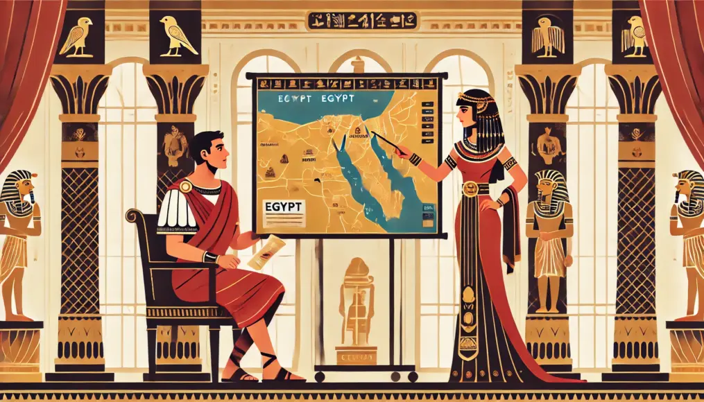 Cleopatra presenting a map of Egypt to Julius Caesar while discussing their plans with serious expressions