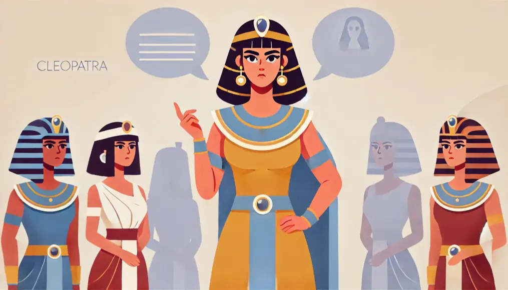 Cleopatra standing confidently, engaging in a conversation while making eye contact with her admirer. The admirer looks captivated by her presence