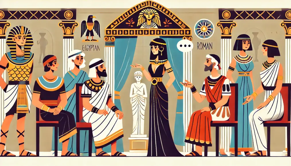 Cleopatra wearing an elegant dress, engaging in conversation with Roman aristocrats, who are visibly intrigued by her words