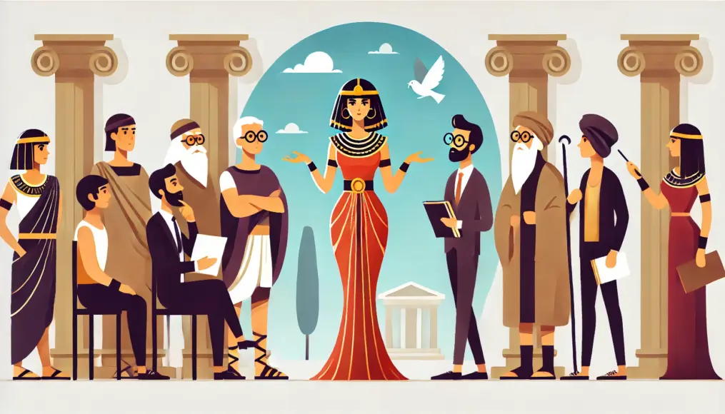 Cleopatra engaging in intellectual discussions with philosophers and politicians in a grand hall. People around her listen intently as she confidently shares her thoughts