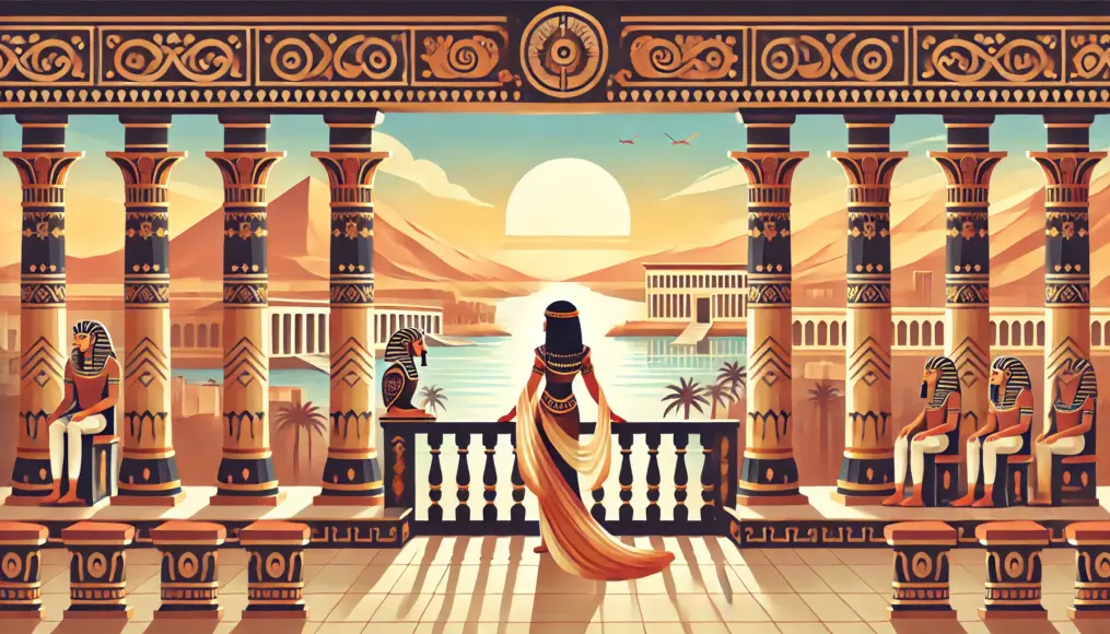 A grand Egyptian palace overlooking the vast Nile River, with Cleopatra standing on a balcony, gazing toward the distant Roman Empire