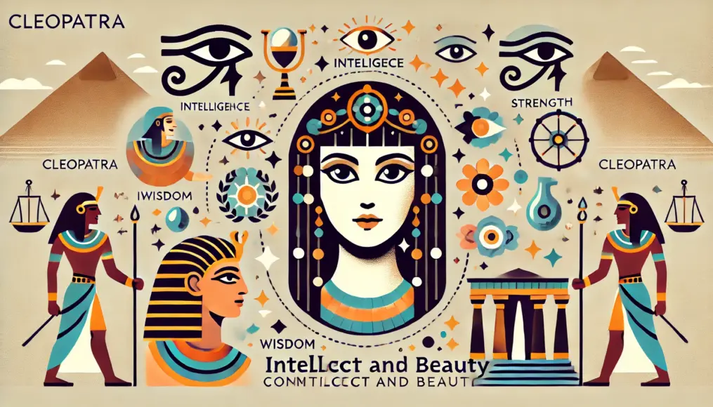 An illustration of Cleopatra depicted as a timeless symbol, representing how historical wisdom is passed down to modern generations