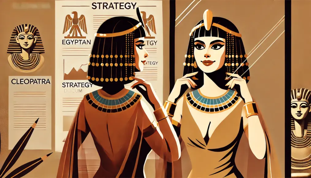 Cleopatra looking at her reflection while adjusting her attire, her face carrying a knowing smile, with strategy documents in the background