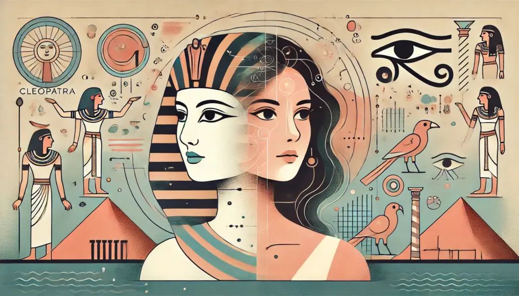 An illustration depicting Cleopatra's portrait blending with a modern woman's image, symbolizing the intersection of past and present