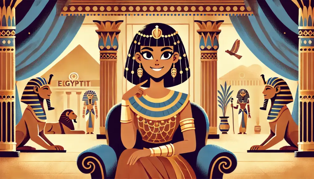 Cleopatra sitting in a lavish palace, smiling strategically while gazing into the distance. The background features Egyptian decorations, shimmering ornaments, and an air of royal splendor