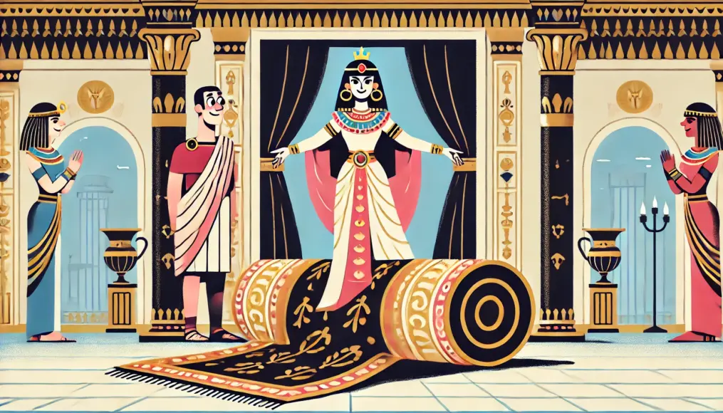 Cleopatra dramatically emerging from a rolled-up carpet while Caesar looks on in astonishment