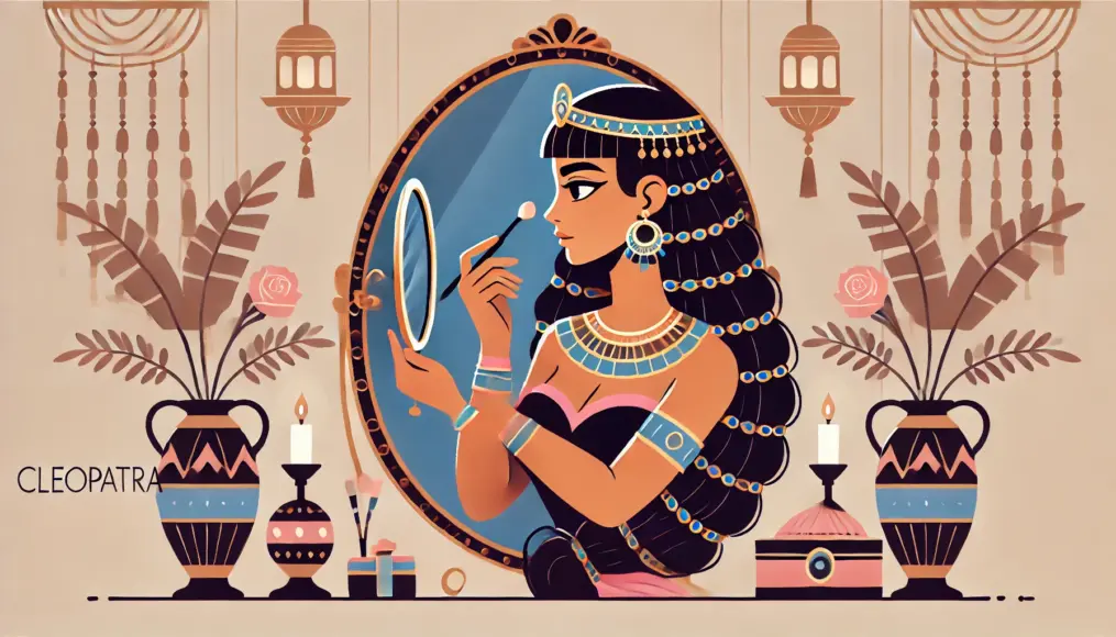 Cleopatra looking at herself in a mirror, carefully adjusting her appearance to enhance her charm. She is surrounded by luxurious decor, exuding confidence as she prepares herself