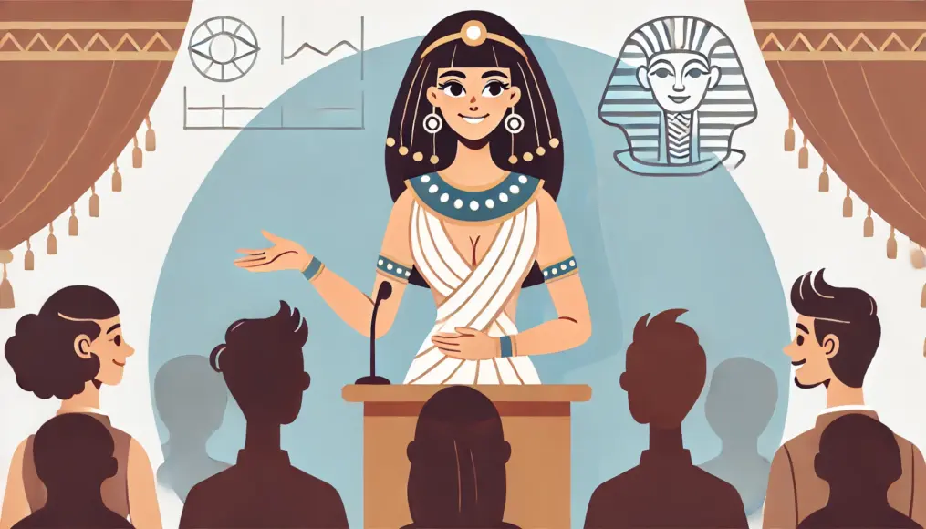 Cleopatra smiling warmly as she speaks, her conversation partner drawn in and listening attentively