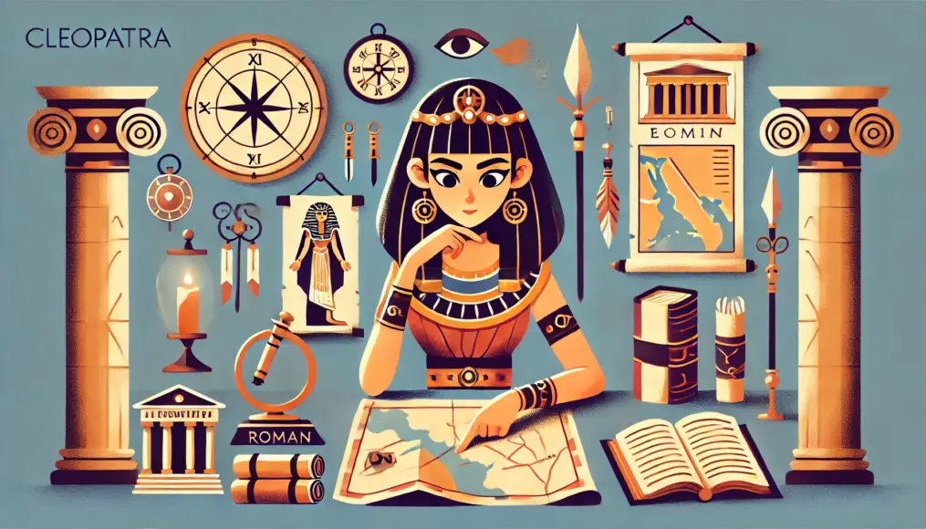 Cleopatra studying a Roman map, strategizing her next political move, surrounded by scrolls and historical records