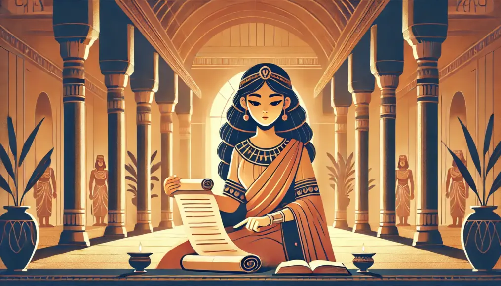 Cleopatra reading an ancient scroll, deeply immersed in learning. Sitting in her palace, she exudes calm confidence while expanding her knowledge